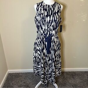 Donna Morgan Women's Dresses RIBBON NECK and WAIST TIE HI-LOW DRESS Navy/Ivory